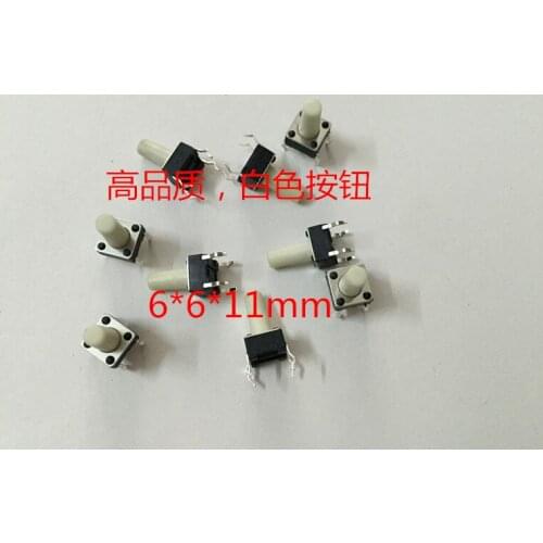 High Quality White Button Imported Shrapnel 6*6*11mm High Tact Switch Vertical Copper Foot High Temperature Resistance