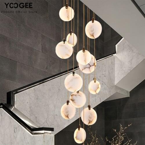YOOGEE Modern New Marble Staircase Chandeliers Round Shape Gold LED Lustre Home Decoration Light Fixture