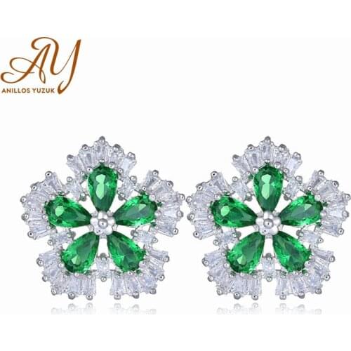 Anillos Yuzuk Silver 925 Jewelry Earrings Green Gemstones Created Emerald Flower Stud Earrings Women Promise Statement Jewelry