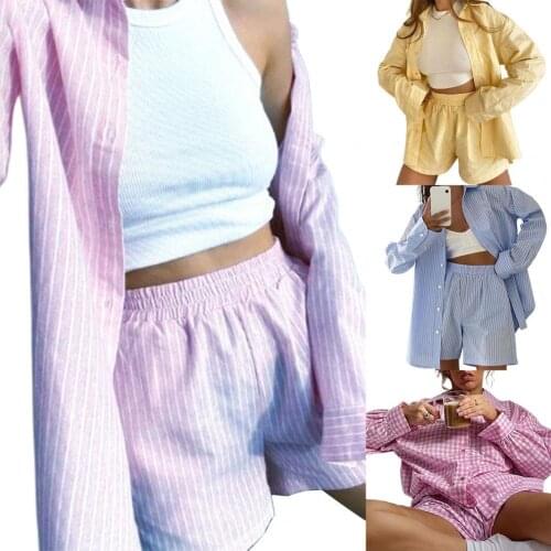 Women Outfit Vertical Stripes High Waist Two-piece Long Sleeve Lapel Shirt Pockets Shorts Set vetement femme 2021 шорты женский