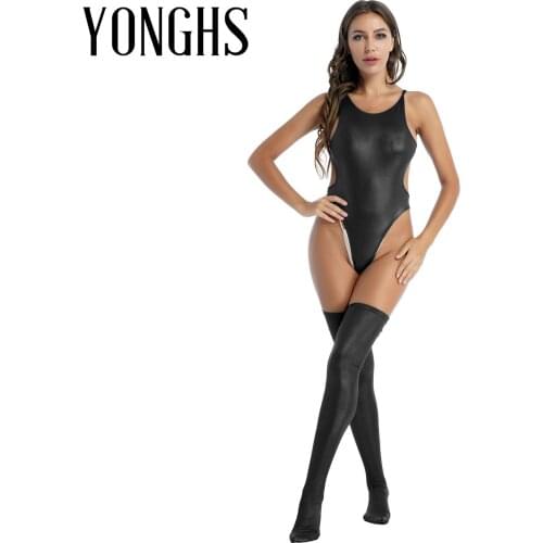 Womens Wetlook Bathing suit Swimwear Sexy Lingerie Set Hollow Out Back High Cut Slim Leotard Faux Leather Catsuit with Stocking