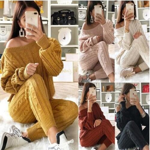 New Autumn Winter Women Tracksuit 2 Piece Set Sweater Top+Pants Knitted Suit O-Neck Knit Set Women Warm Outwear 2 Piece Set