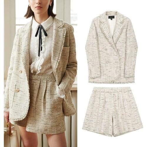 Spring hot new tweed light blue small fragrance fringed Blazer coat high waist lady shorts fashion suit