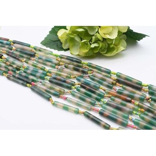 2 strands/lot Natural Smooth green stripe cylindrical Agate stone bead For DIY Bracelet Necklace Jewelry Making Strand 15"