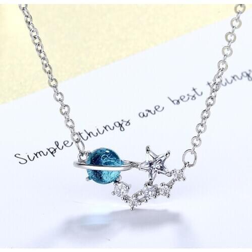 3 Style Fairy Sea Blue Moon Star Earth Starry Sky Pendant Necklace Kit Dainty Astronomy Key Crystal Necklace Set Jewelry