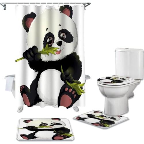 Animal Cute Panda Bamboo Shower Curtain Set Carpet Cover Toilet Cover Bath Mat Home Decor Bathroom Curtain