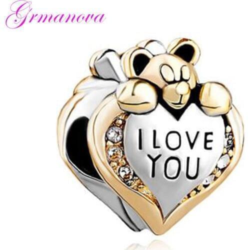 White crystal / heart shaped teddy bear charm beads handmade DIY jewelry accessories amulet Fit Pandora Bracelet Necklace