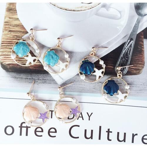 Fashion Simple Shell Starfish Metal Pendant Earrings Cute Sweet Student Pearl Earrings Female Trendy Glamour Jewelry Accessories