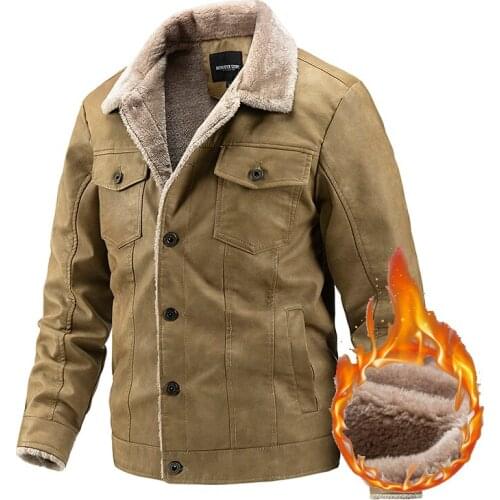 Mens Winter Fleece Leather Jacket Fashion Lapels Vintage Thickened Faux Leather Jackets Single Breasted Business Casual Coat