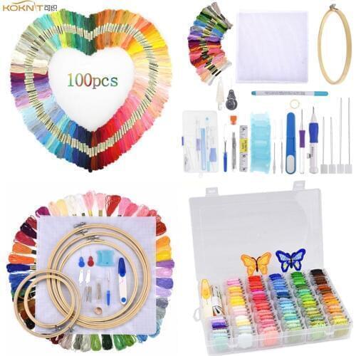 KOKNIT 9 Styles Cross Stitch Floss Embroidery Kit Colorful Threads Magic Embroidery Hoop Stitching Punch Needle Pen Sewing Kit