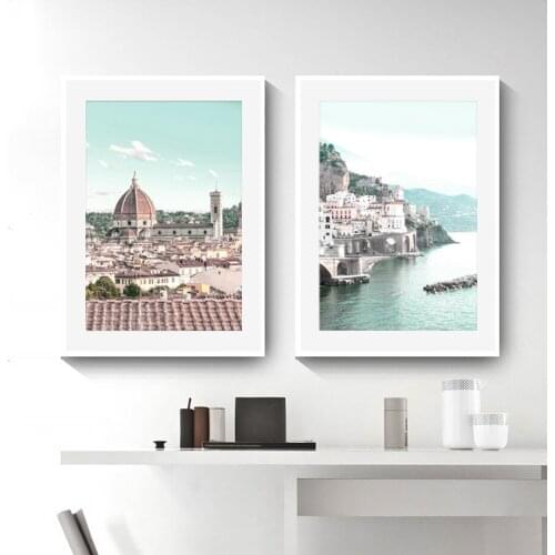 Amalfi Coast Church Beach Dolphins Dahlia Wall Art Canvas Painting Nordic Posters And Prints Wall Pictures For Living Room Decor