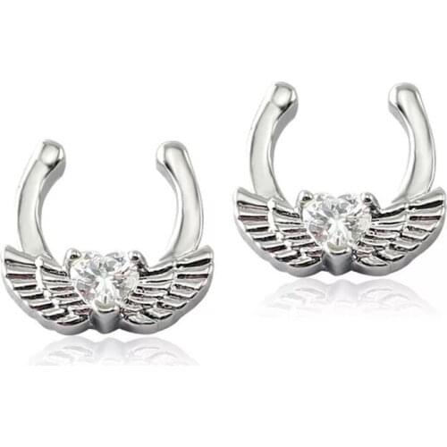 New Stainless Steel Wings On Hoop Nose Rings Fake Septum Piercing White Crystal Fake Nose Rings&Studs Non Piercing Nose Jewelry