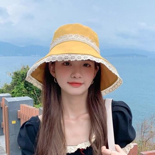 Summer Womens Bucket Hat Wide Brim Cotton Visors Caps Female Lace Bow-Knot Foldable Sunhat Korean Outdoor Travel Beach Cap