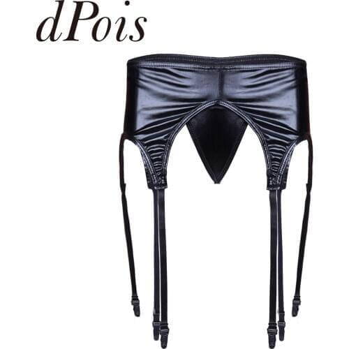 Women Wetlook Patent Leather Garter Panty Duck Mouth Metal Clip Sock Garter Suspender Belt Holder Fastener Lingerie G-string