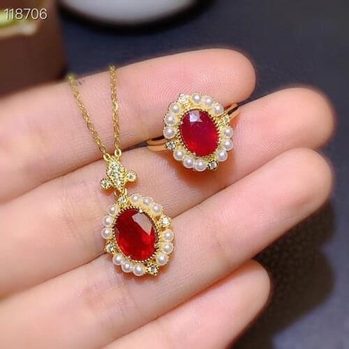 Natural ruby set, simple and practical, ring necklace, womens party wear must-have jewelry, 925 sterling silver