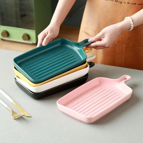 Nordic Single Handle Baking Pan Ceramic Plate Creative Large Oven Pan Microwave Flat Pan Baked Chicken Wing Bread Flat Pan