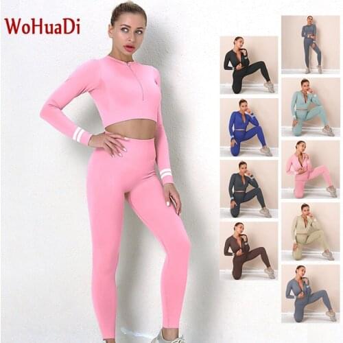 WOHUADI Seamless Long Sleeves Zipped Shirt Fitness Set Sport Yoga High Waist Leggings Women Clothing Sportswear Running Training