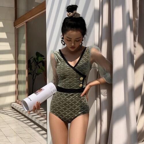Womens Swimwear One-Piece Swimsuit Women Swim Suit Push Up Fairy New 2020 Mid Long Sleeve Sun Polyester Solid Bathing Suit
