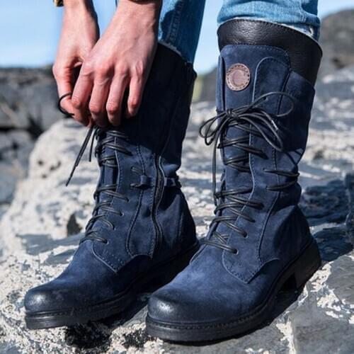 2020 Winter Botas Mujer Women Mid-Calf Boots Flat Side Zipper Plush Warm Boots Ladies Solid Color Suede Lace-Up Casual Boots