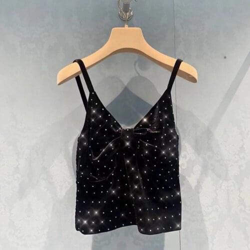 High-End Customization Women Black Tank Tops Sexy Luxry Diamond Bow Elegant Temperament 2021 Summer New Arrival