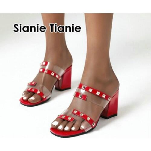 Sianie Tianie 2020 red summer woman shoes block high heels slippers open toe women slides with studded rivets mules big size 46