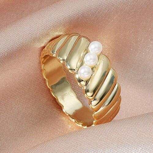 2021 New Fashion Baroque Pearl Ring Simple Creative Geometric Metal Thread Ring for Women Jewelry Festive Gifts