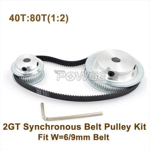 POWGE 40 Teeth 80 Teeth GT2 Timing Belt Pulley Kit 1:2 Speed Ratio 40T:80T 2M/2GT Reduction Pulley For W=6/9mm 300-2GT Belt