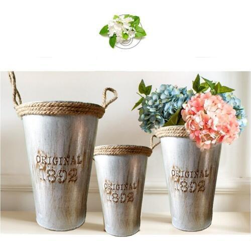 1PC New Flower Barrels Basket Vases Tin Pots Vintage Artificial Pastoral Style Metal Craft for Storage Home Garden Decor MK 008