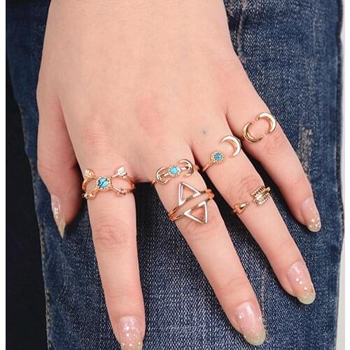 2021 New 6Pcs Turquoise Arrow Moon Triangle Above Knuckle Ring Mid Finger Tip Stack Rings Fashion Cute Retro