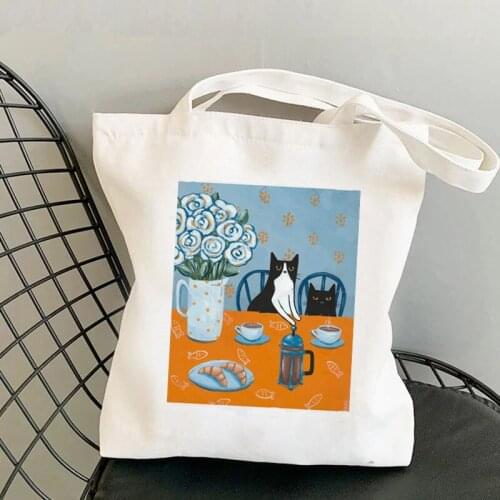 2021 Shopper French Press Coffee Cats Printed Tote Bag women Harajuku shopper handbag girl Shoulder shopping bag Lady Canvas Bag