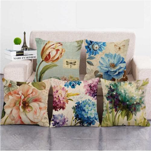 45cm*45cm Vintage Tulip Watercolor Flowers Plant Linen/Cotton Throw Pillow Covers Couch Cushion Cover Home Decor Pillowcase