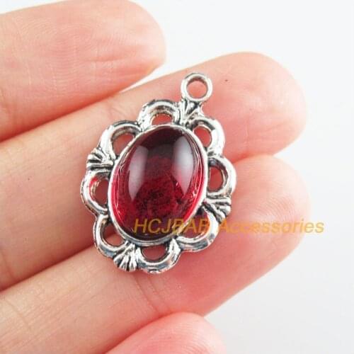 8 New Oval Charms Red Glaze Flower Pendants Tibetan Silver Tone 18.5x26.5mm