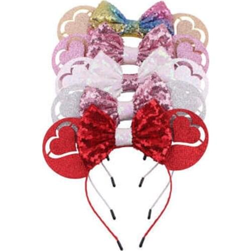 Disney 1pcs new Mickey headband Valentines Day sequined bow peach heart headdress Christmas Hair Bows for girls women gift