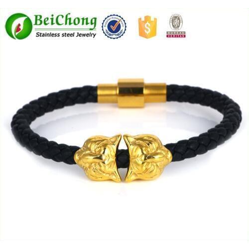 Free shipping stainless steel leopard and leather bracelet with magnetic clasp BC-0022