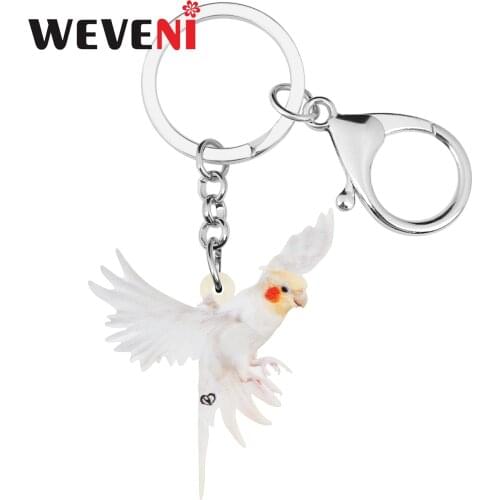 WEVENI Acrylic White Parrot Cockatiel Keychains Big Bird Animal Keyring Jewelry For Women Girls Party Gifts Bag Car Decoration