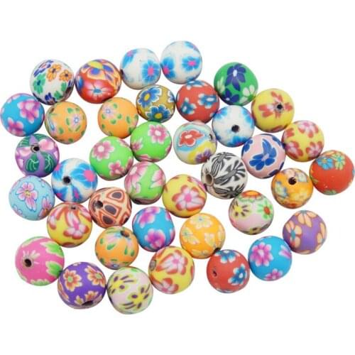 Julie Wang 30PCS 8/10/12mm Ball Beads Polymer Clay Flower Spacer Beads Random Color Necklace Bracelet Jewelry Making Accessory