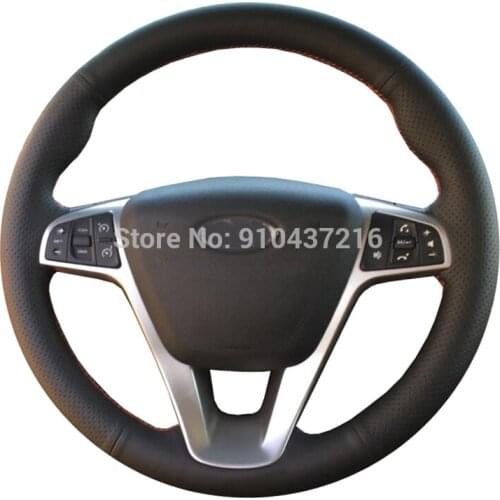 For Lada Vesta 2015-2017 DIY Black Genuine Leather Hand-stitched Car Steering Wheel Cover