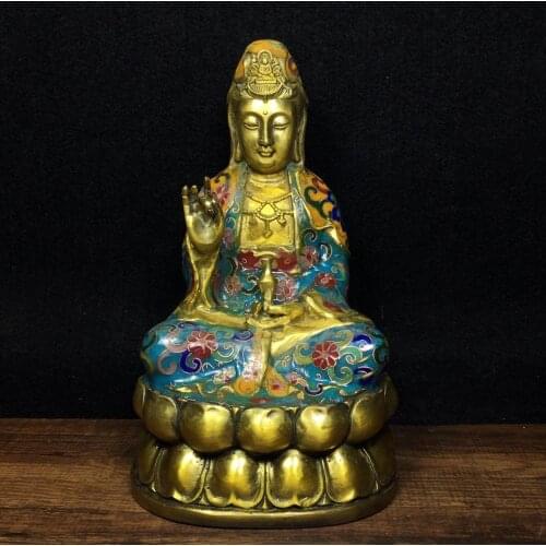 Home Decor 9" Tibet Buddhism Temple Old Bronze Cloisonne Enamel Guanyin Bodhisattva Statue Amitabha Enshrine the Buddha
