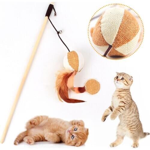 Pet Cat Teaser Toys Feather Linen Wand Cat Catcher Teaser Stick Cat Interactive Toys Wood Rod Mouse Toy Dropship