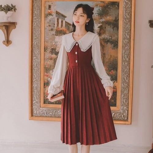 Kawaii Dress Women 2021 Spring Sweet Cute Doll Collar Long Sleeve Dress Female Retro Corduroy Long Sleeve Pleated Dress Womens