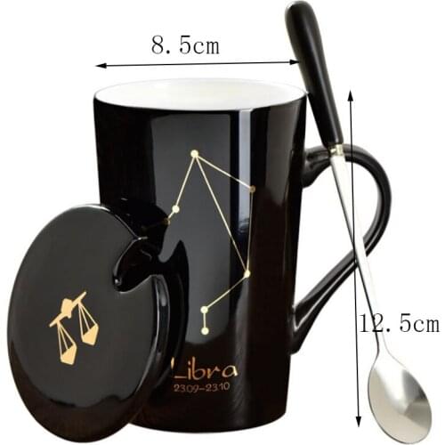 12 Constellations Creative Mugs with Spoon Lid Black and Gold Porcelain Zodiac Milk Coffee Cup Drinkware Ceramic Mugs