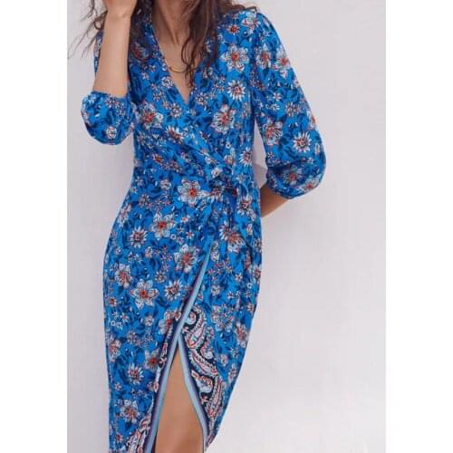 Summer Ladies Floral Print Dress Blue Long Dress Sleeve Belt Holiday Beach Dress