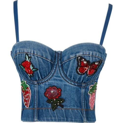 Korean style womens sexy&club embroidery Denim tank-tops Fashion women Camisole Vest B892
