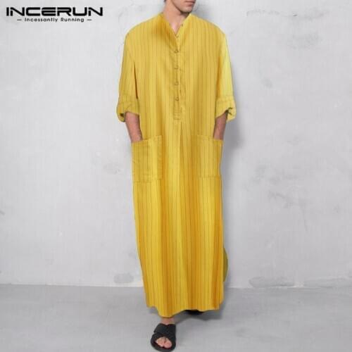 Fashion Men Muslim Striped Jubba Thobe Long Sleeve Pockets 2021 Abaya Islamic Kaftan Dubai Saudi Arabia Casual Men Robes INCERUN