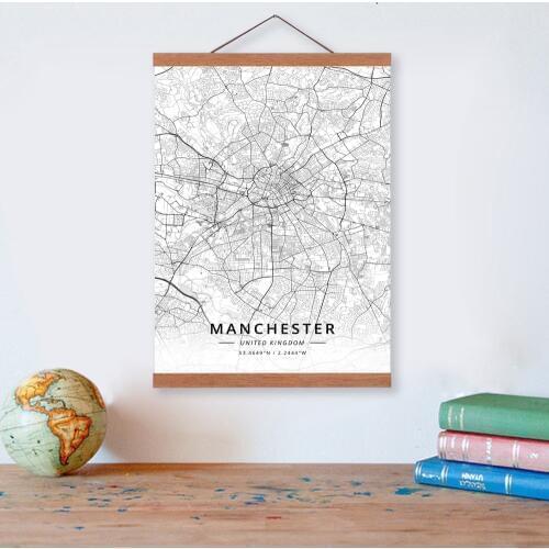 Manchester, United Kingdom City Map Wooden Framed Canvas Painting Home Decor Wall Art Print Pictures Poster Hanger