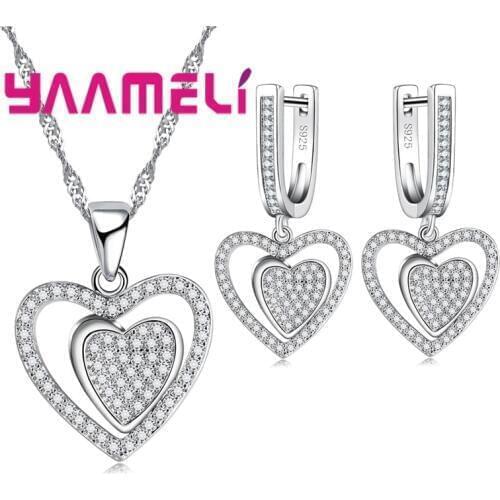 New Arrival Women Chain Lovely Heart Pendant Necklace Earrings 925 Sterling Silver Jewelry Sets For Wedding Bijoux