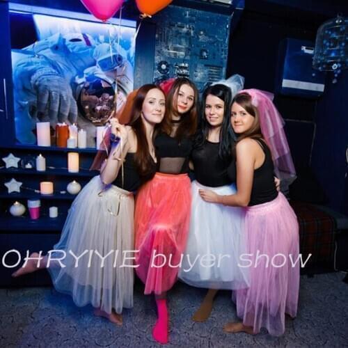 OHRYIYIE Tulle Skirts Women Summer Casual Knee-Length Skirt Elastic Waist Sun Fluffy Tutu Skirt Jupe Longue Femme Beige Skirt