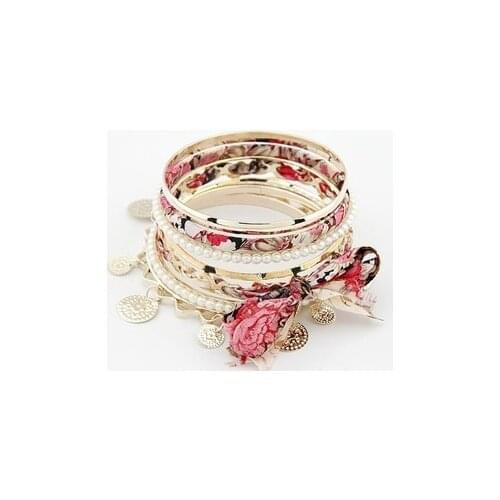 Wholesale Alloy Fabric Bangles Fashion Bohemia Bow Imitation Pearl Bracelets sets for women 4 colors