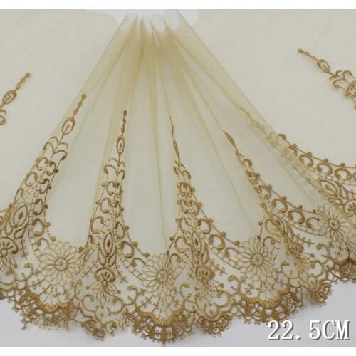 2Yards Luxury Golden Brown Edge Embroidered Lace Trim Mesh Tulle Fabric For Lingerie Underwear Bra Dolls Dress Decor 22.5cm