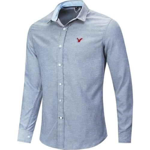 New Casual Embroidery Shirt Men 100% Cotton Classic Denim Shirt Male Fashion Slim Fit Solid Color Shirts